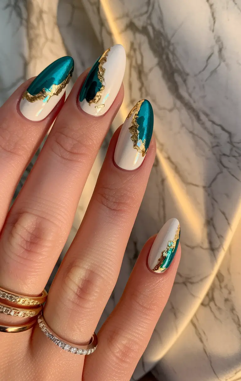 fall gel nails Teal and Gold Stone Effect