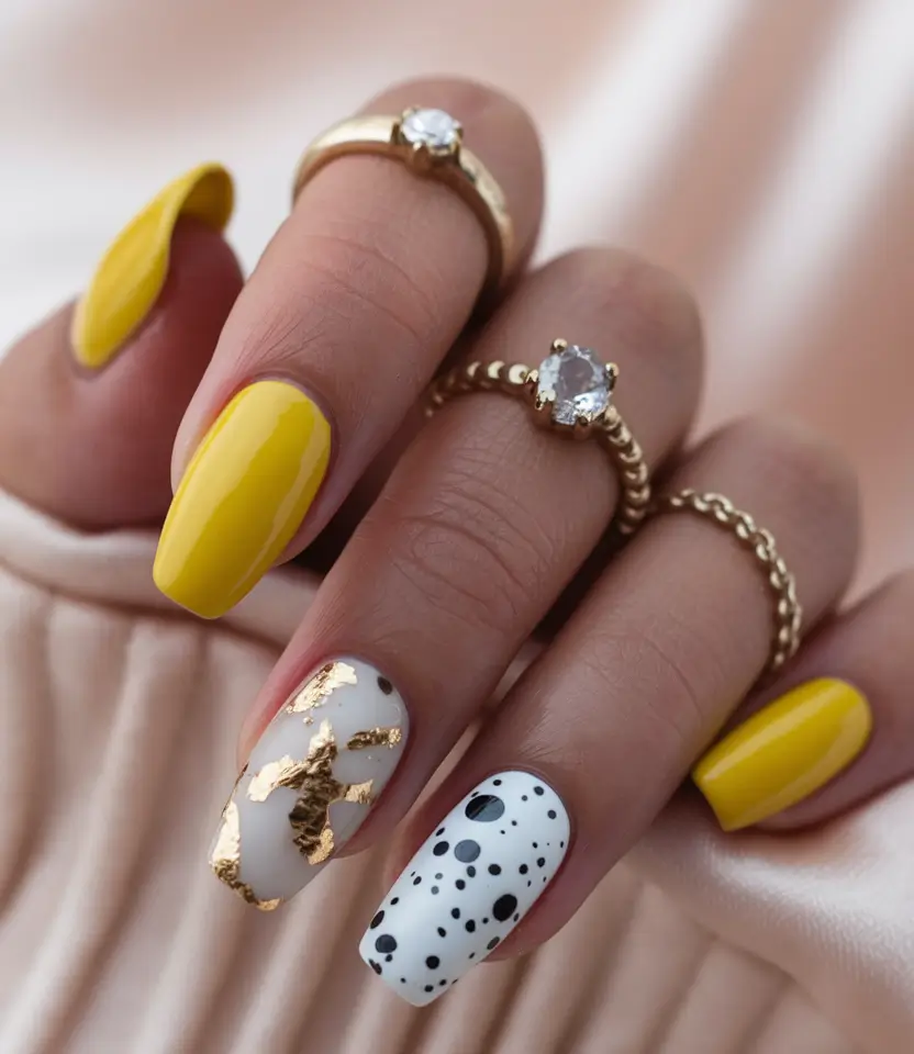 fall gel nails Golden Yellow with Playful Accents