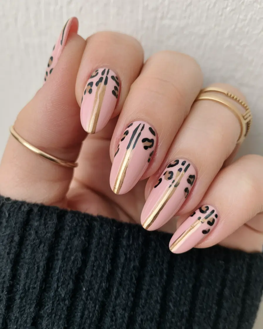 fall gel nails Soft Pink with Leopard Glam