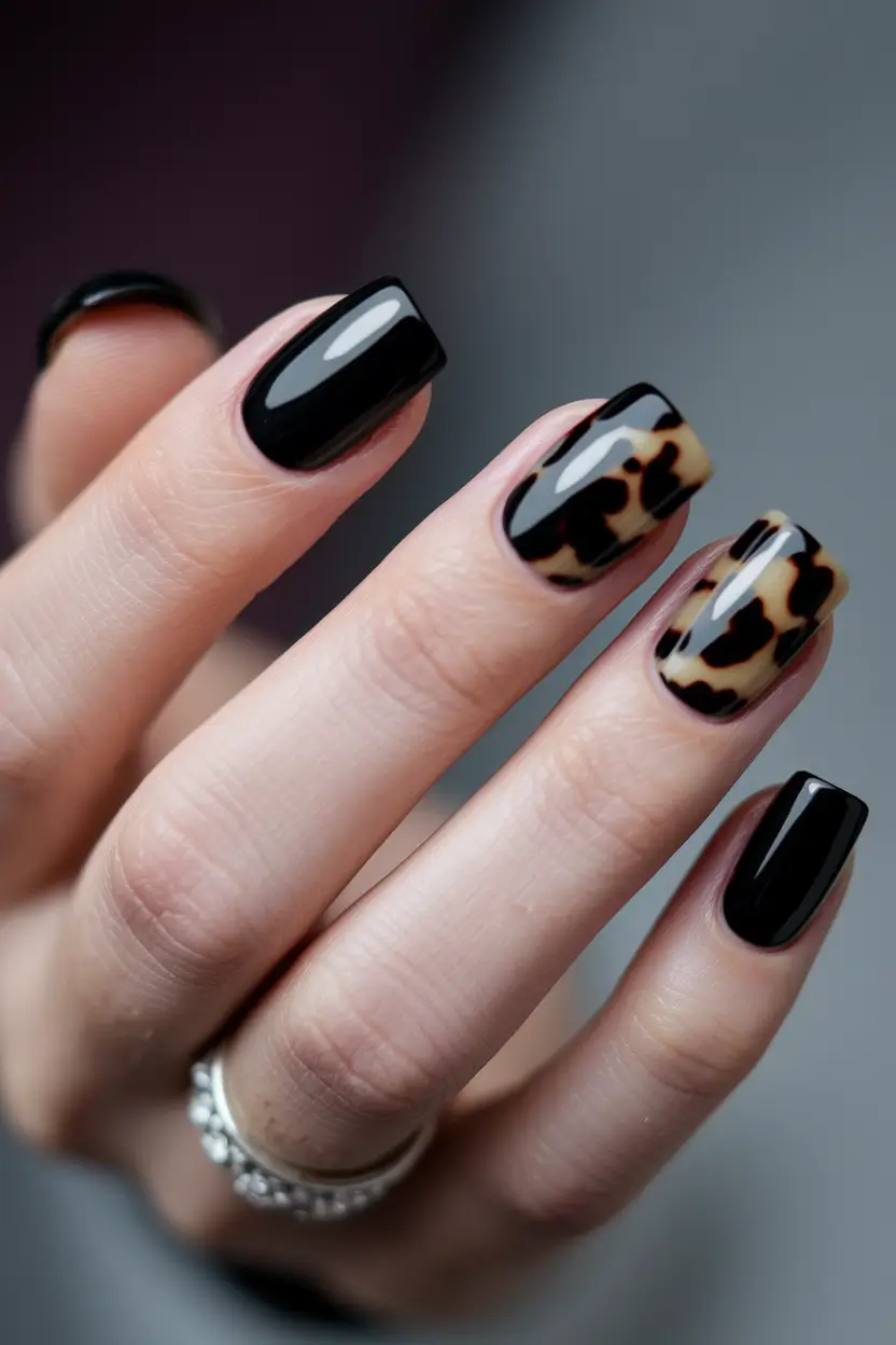 fall gel nails Modern Tortoiseshell with Black