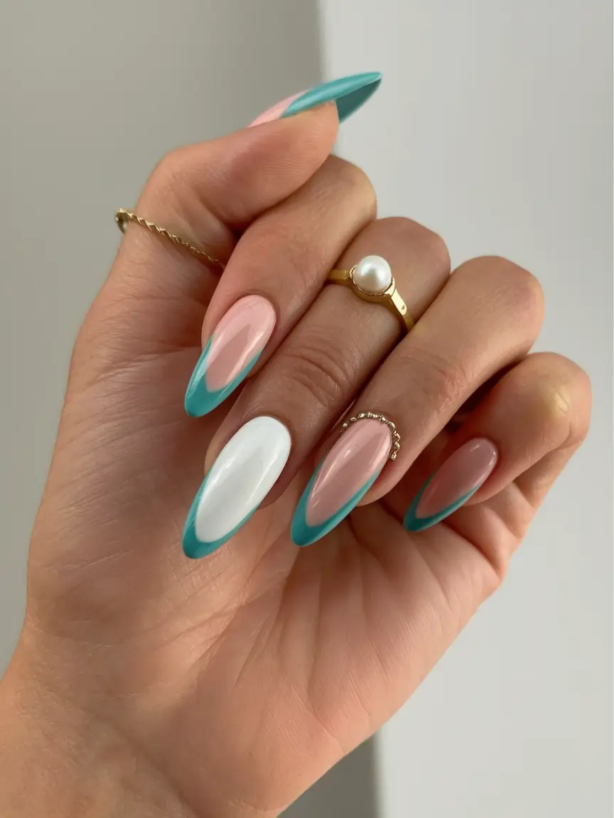 fall gel nails Teal-Tipped Modern French