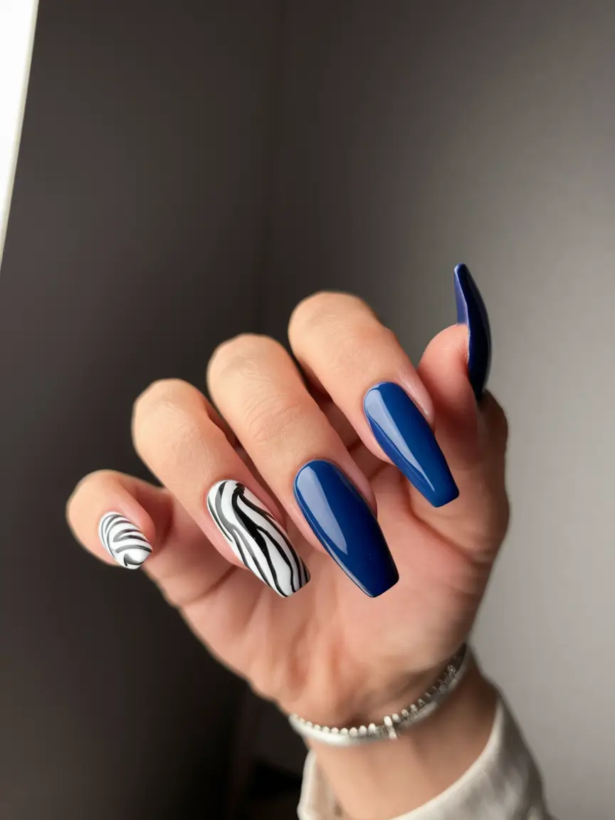 fall gel nails Royal Blue with Zebra Contrast