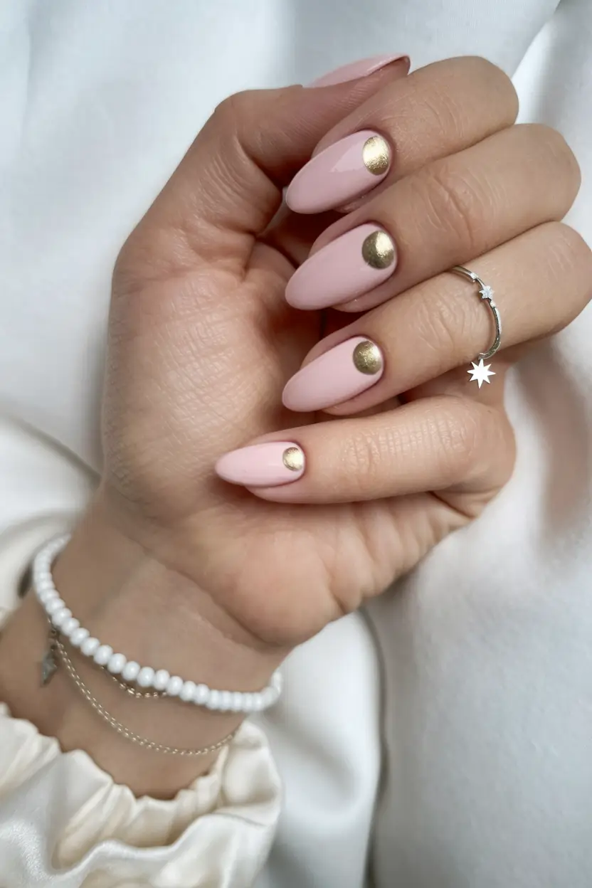 fall gel nails Blush Pink with Golden Half-Moons