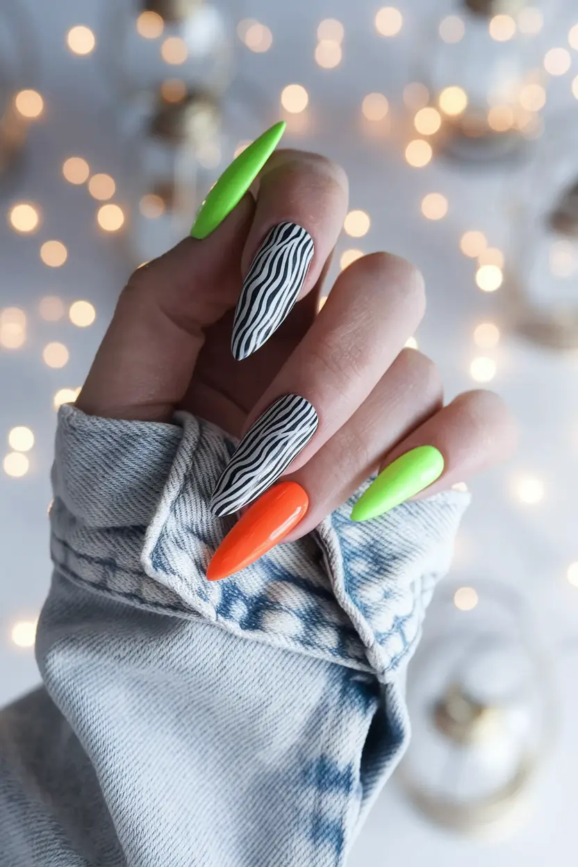 fall gel nails Neon Pop Meets Monochrome