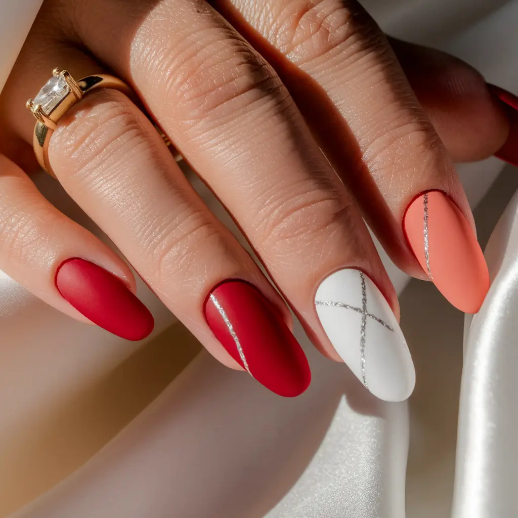 fall color nails autumn Matte Red White and Coral Trio