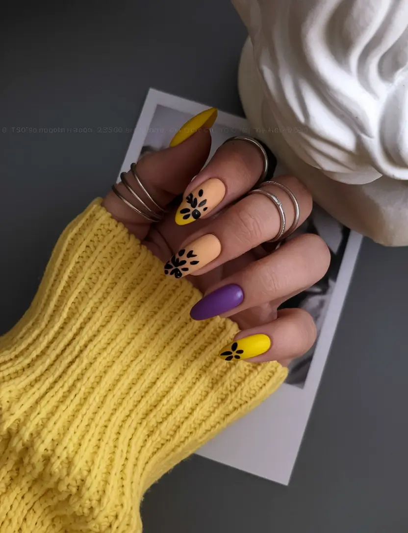 fall color nails autumn Matte Mustard Meets Playful Florals