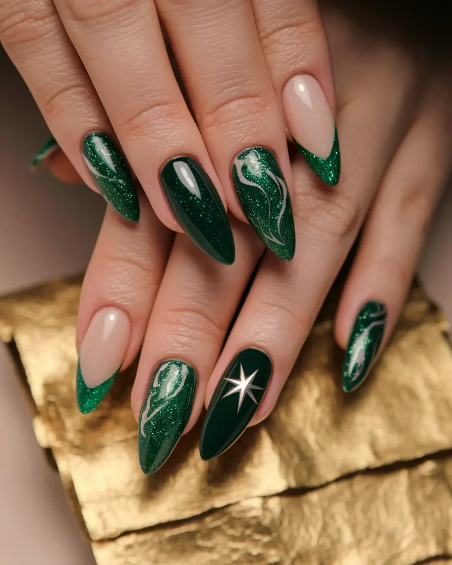 fall color nails autumn Emerald Sparkle and Artful Swirls