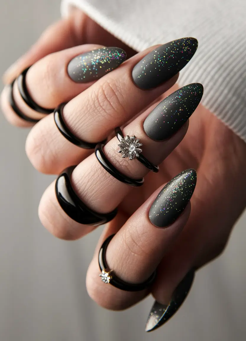 fall color nails autumn Matte Black with Rainbow Dust
