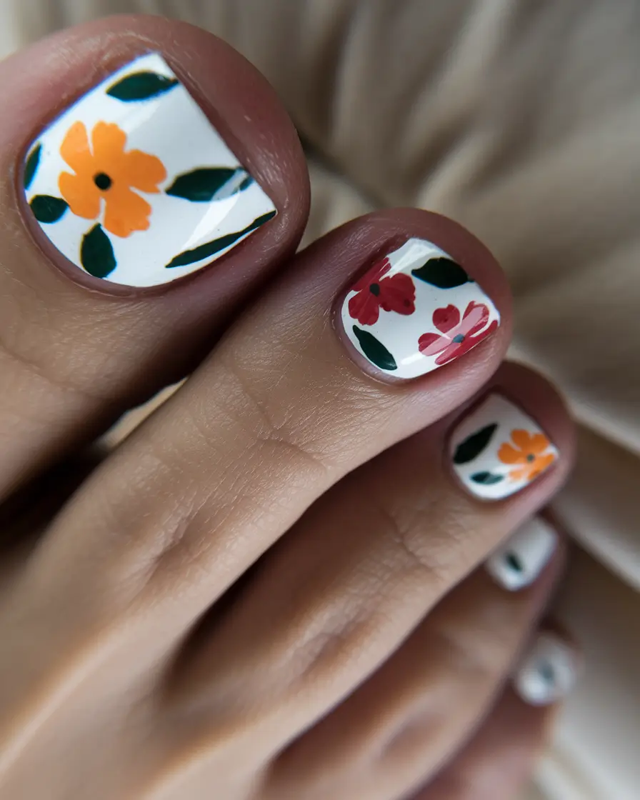 Fall 2025 Toe Nail Design Ideas Floral Whispers on White
