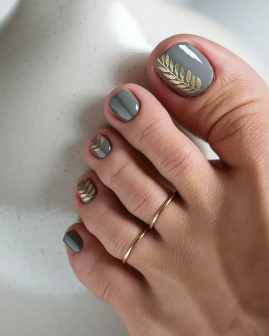 Fall 2025 Toe Nail Design Ideas Gray Elegance with Golden Fern
