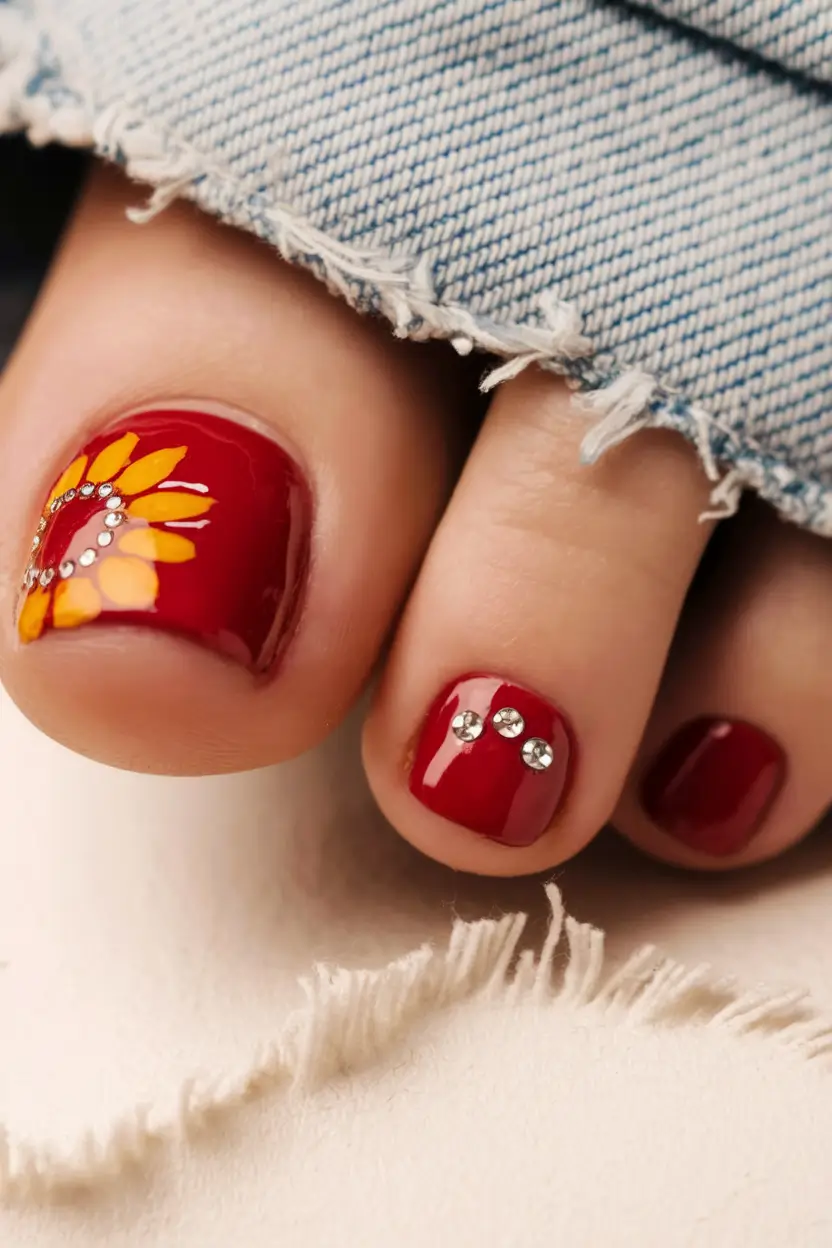 Fall 2025 Toe Nail Design Ideas Crimson Sunflower Glow