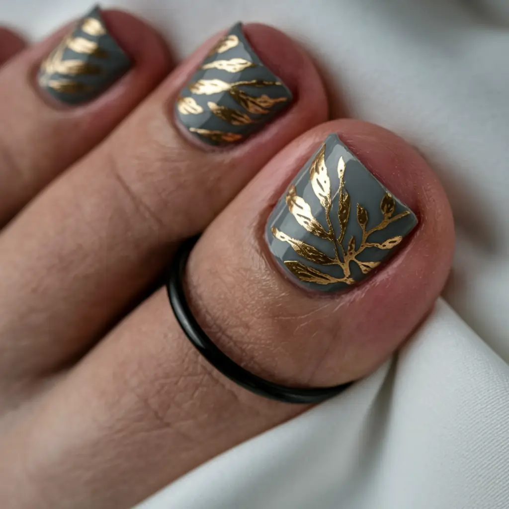 Fall 2025 Toe Nail Design Ideas Golden Leaf on Gray