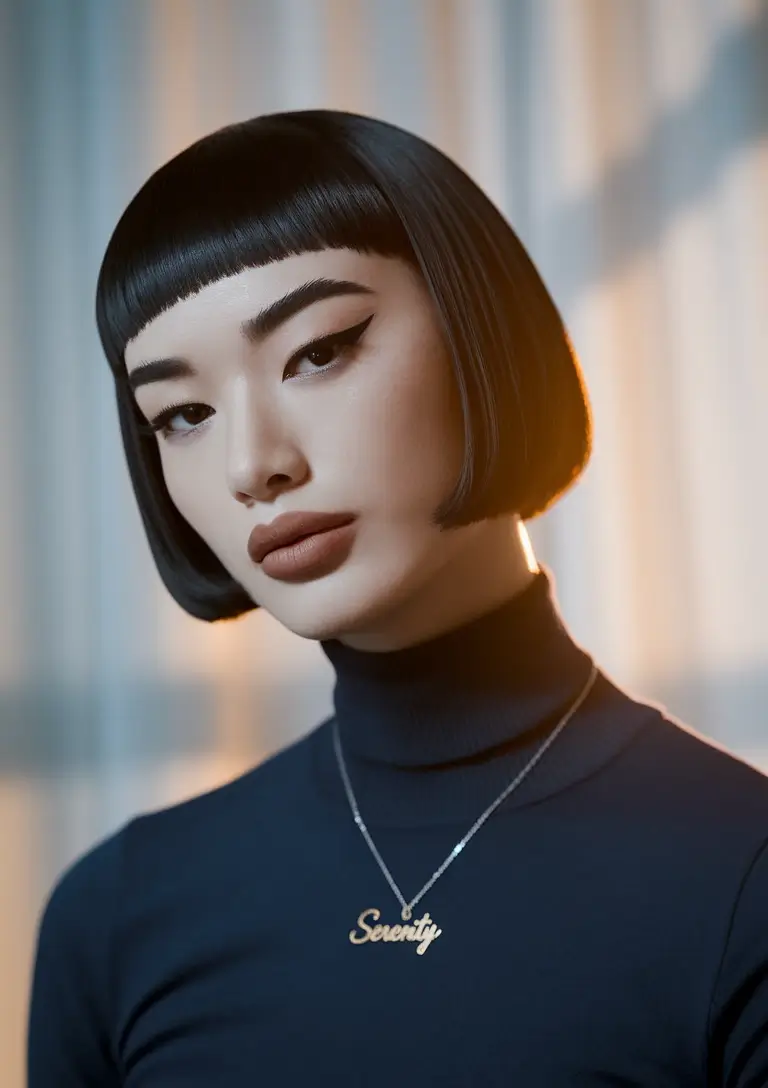 Fall Hair Color Trends for September 2025 Precision Micro Fringe with Glassy Black Finish