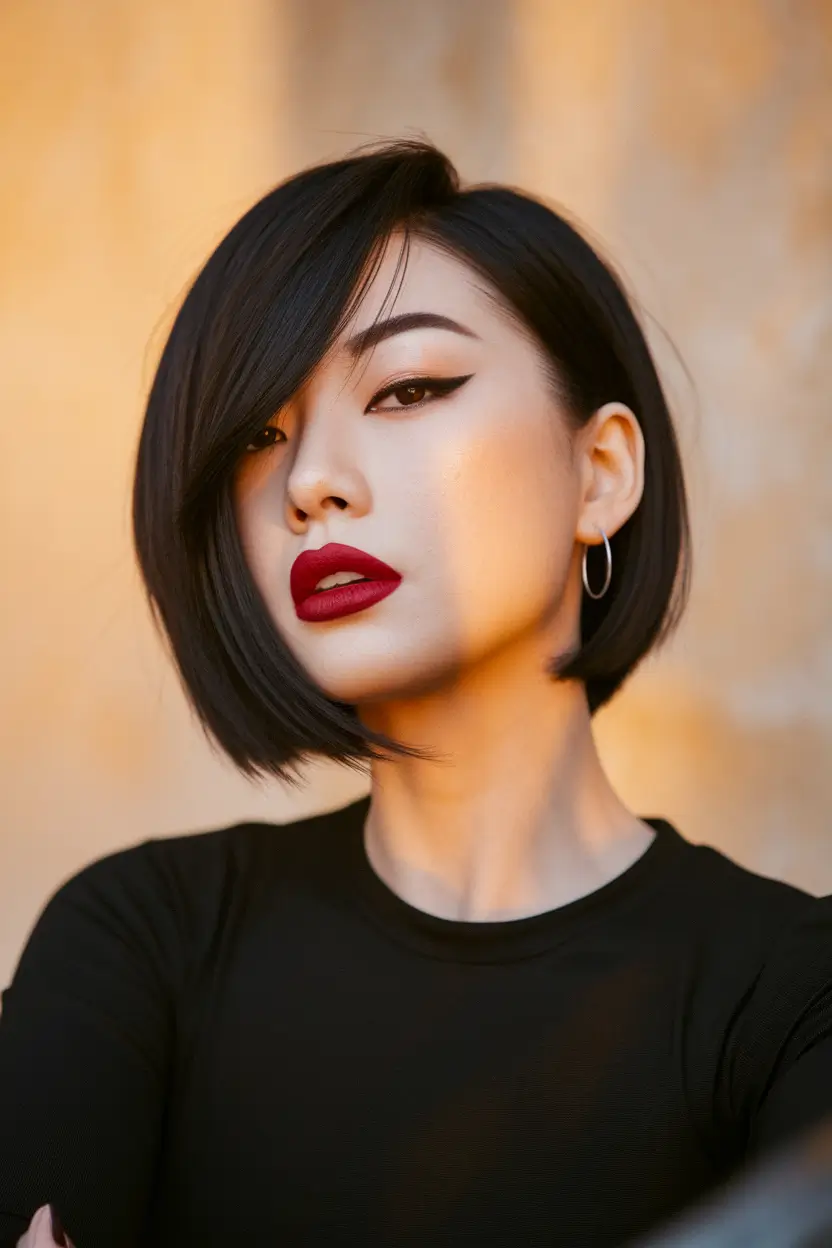 Fall Hair Color Trends for September 2025 Side-Parted Jet Bob with Dramatic Sweep