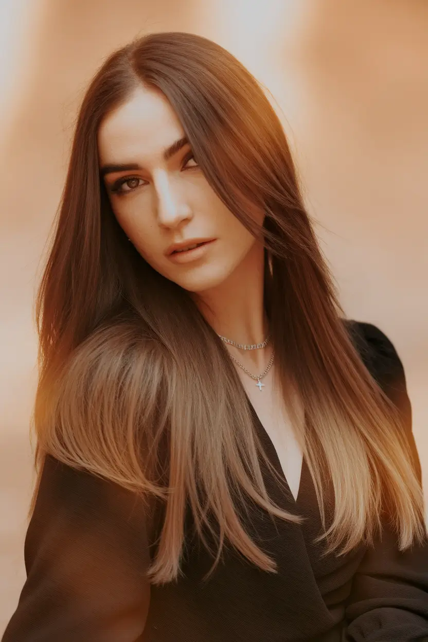 Fall Hair Color Trends for September 2025 Long Sleek Chestnut with Blonde Melt