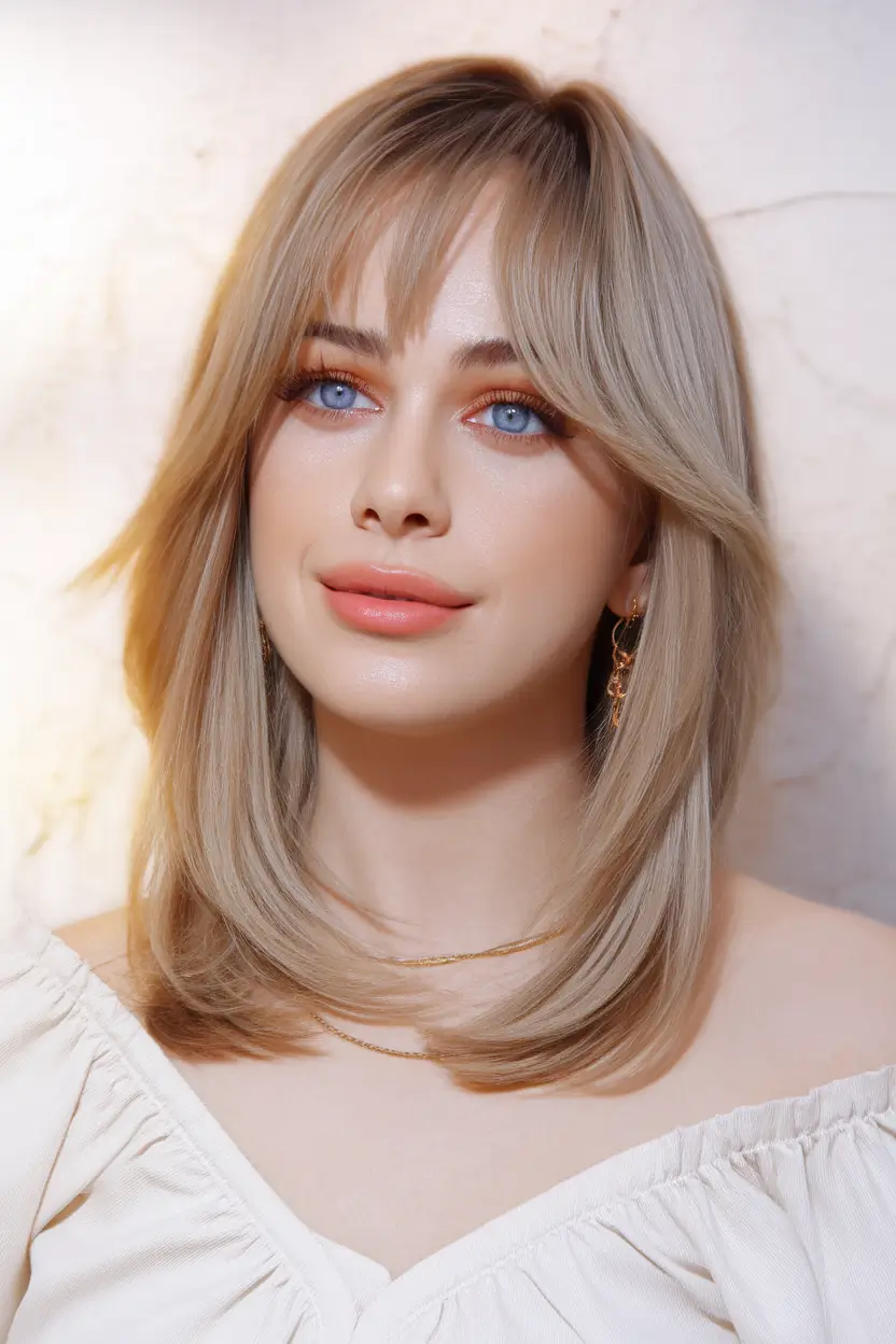 Fall Hair Color Trends for September 2025 Buttery Blonde with Feathered Curtain Bangs