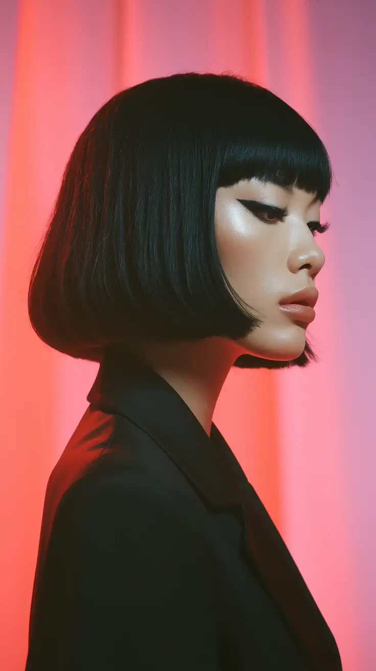 Fall Hair Color Trends for September 2025 Ultra Sleek Jet Black Bob with Micro Bangs
