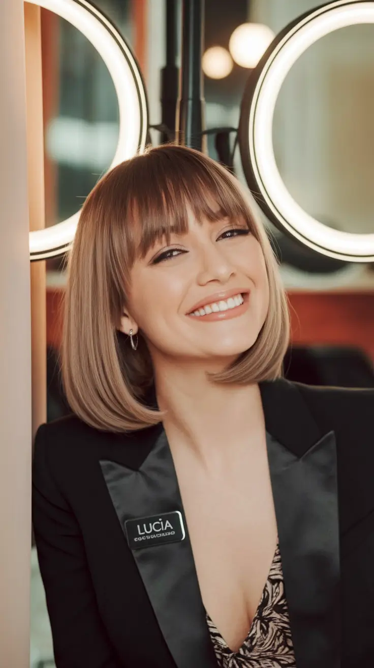 Fall Haircut Ideas for September 2025 Blunt Bob with Full Bangs and a Hint of Sass