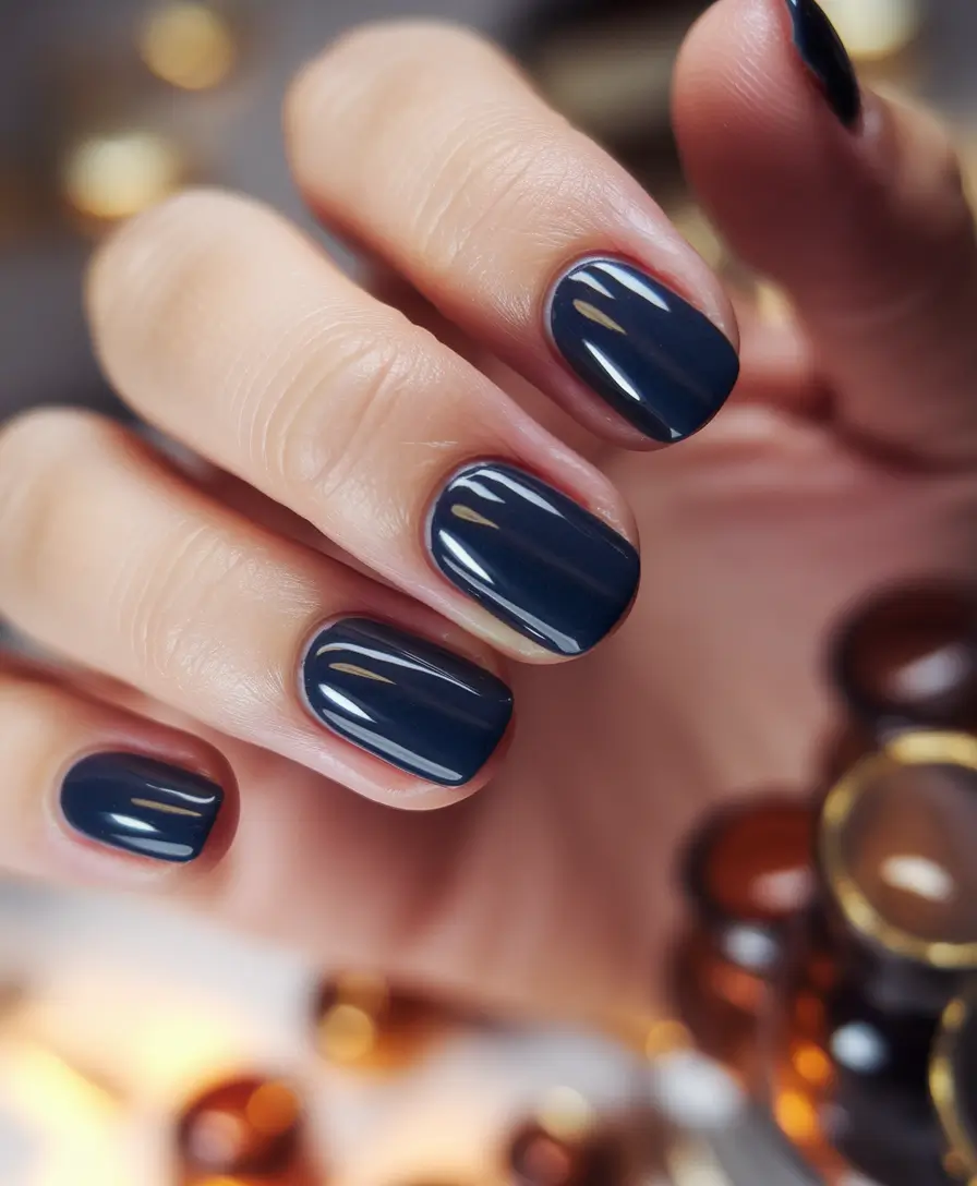 Fall Nail Art Ideas for September 2025 Glossy Navy on Short Square Nails