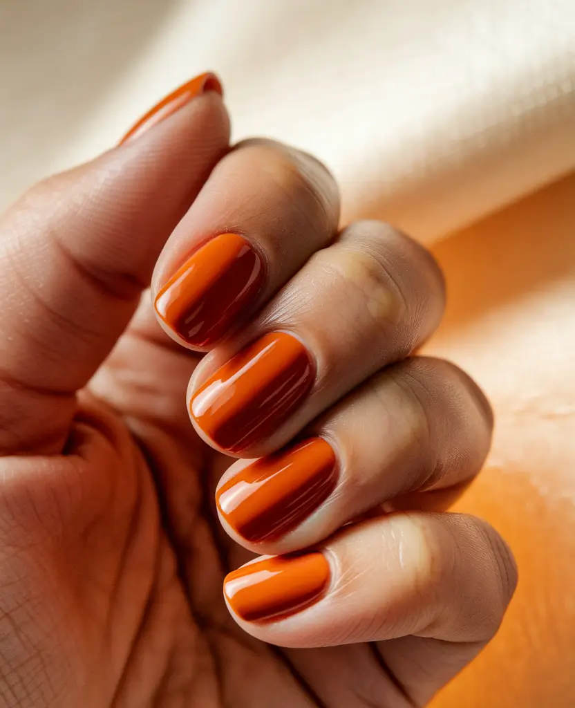 Fall Nail Art Ideas for September 2025 Rusty Orange Gloss on Natural Short Nails