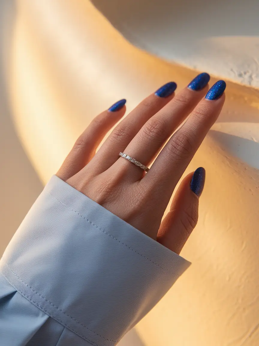 Fall Nail Art Ideas for September 2025 Sapphire Glitter with Oval Shine
