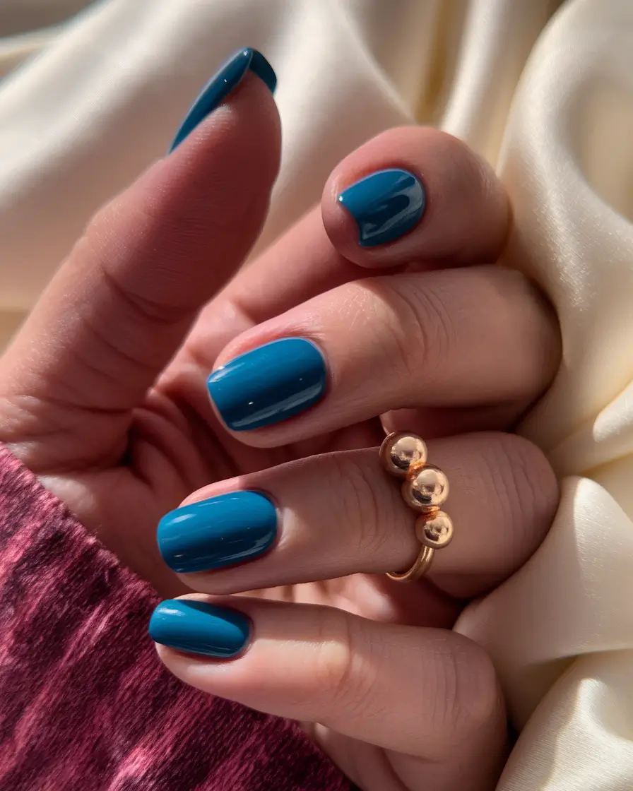 Fall Nail Art Ideas for September 2025 Teal Blue Pop on Short Nails
