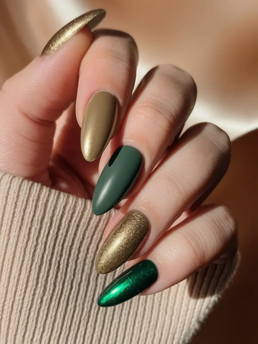 Fall Nail Art Ideas for September 2025 Metallic & Matte Greens for Almond Nails