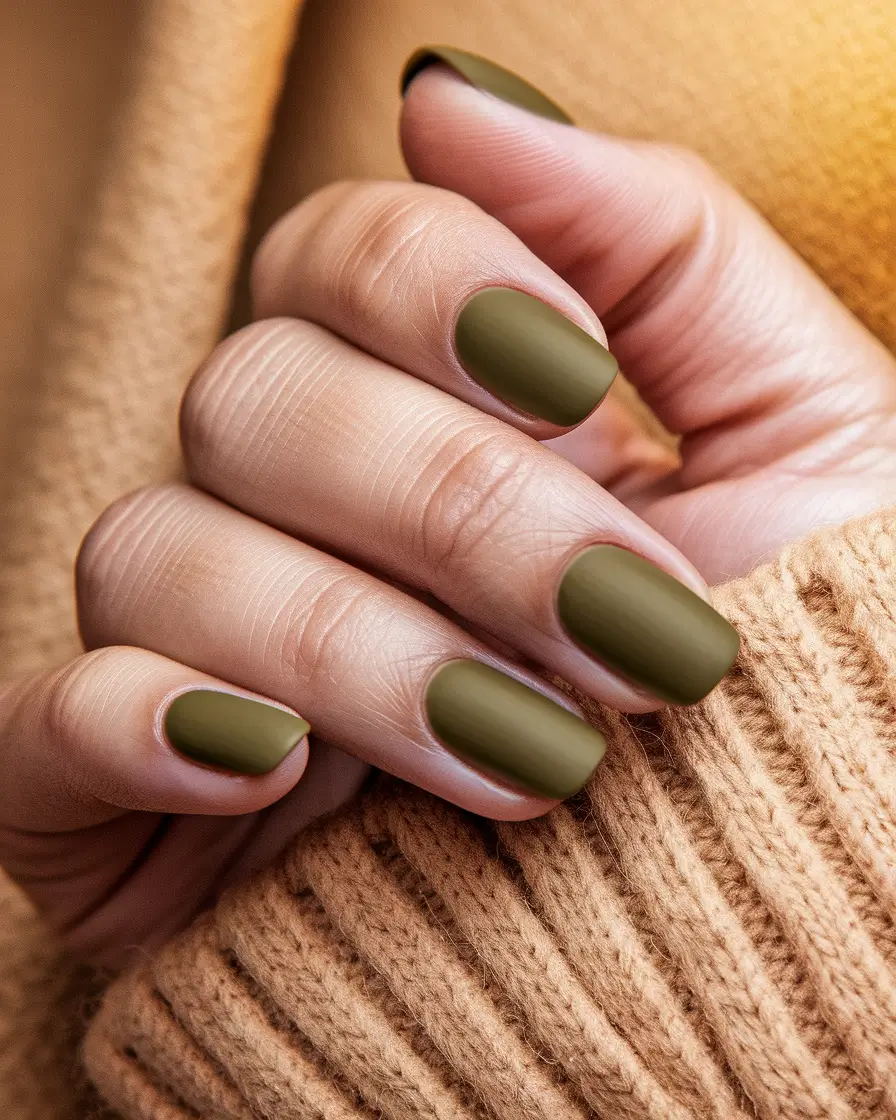 Fall Nail Art Ideas for September 2025 Matte Olive Short Square Neutrals