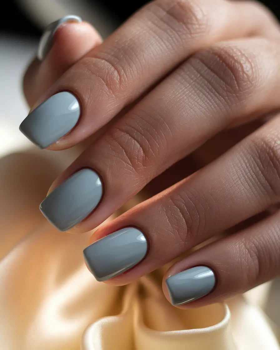 Fall Nail Art Ideas for September 2025 Cool Grey Gloss on Short Square Nails