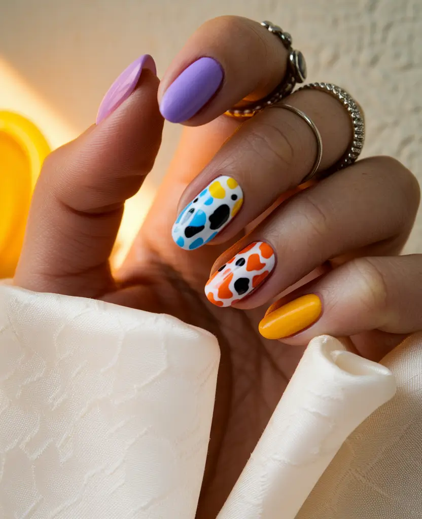 Fall Nail Art Ideas for September 2025 Color Pop Meets Cow Print
