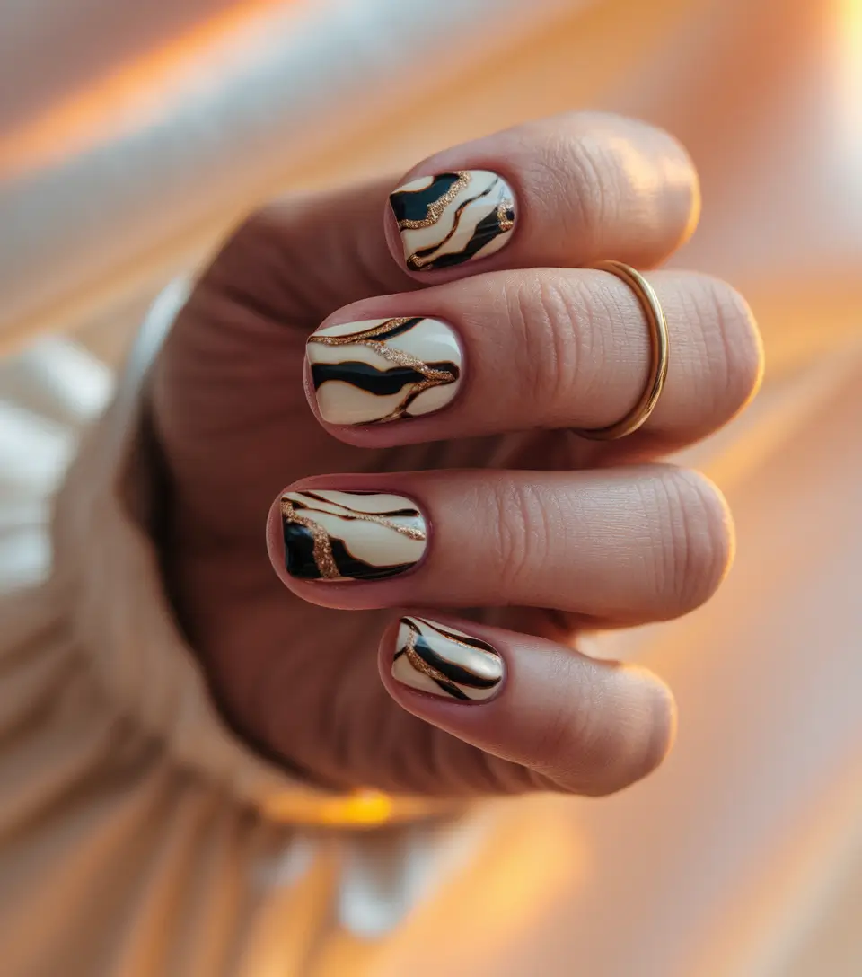 Fall Nail Art Ideas for September 2025 Abstract Gold & Black Marble Art