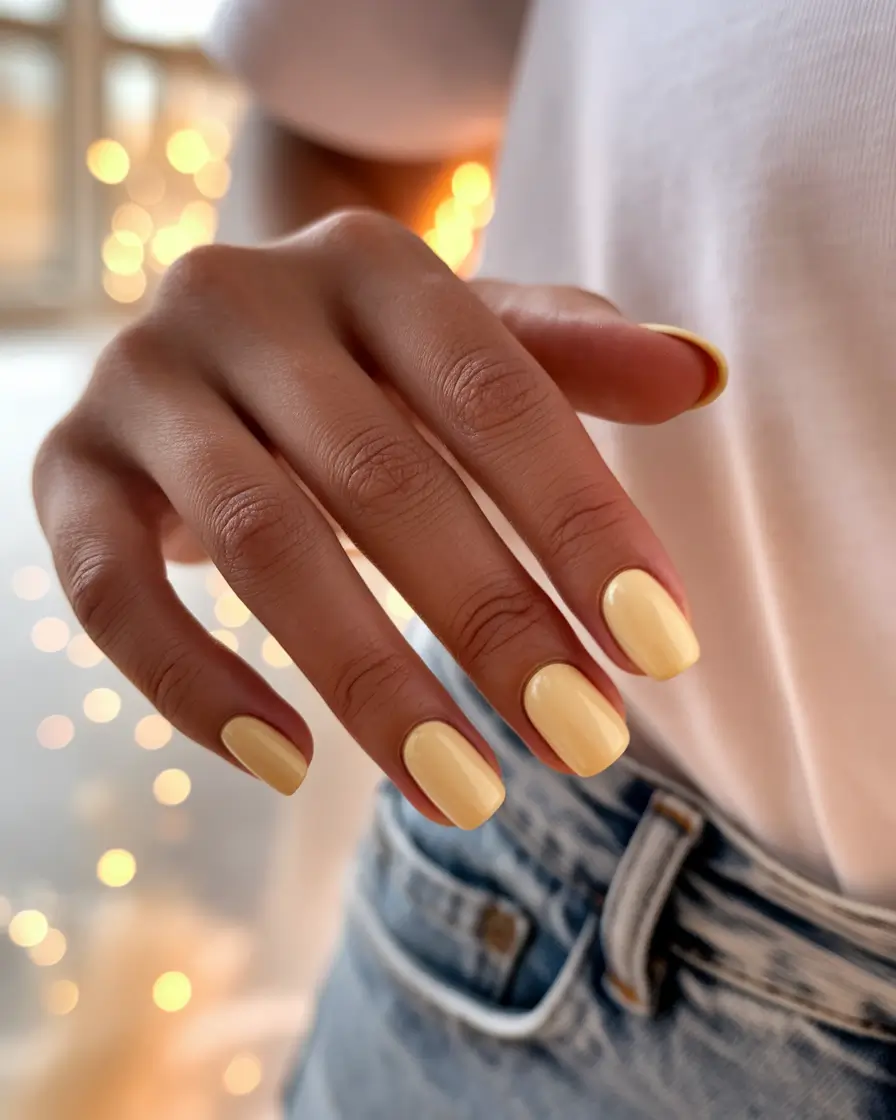 Fall Nail Art Ideas for September 2025 Warm Butter Yellow on Shorties