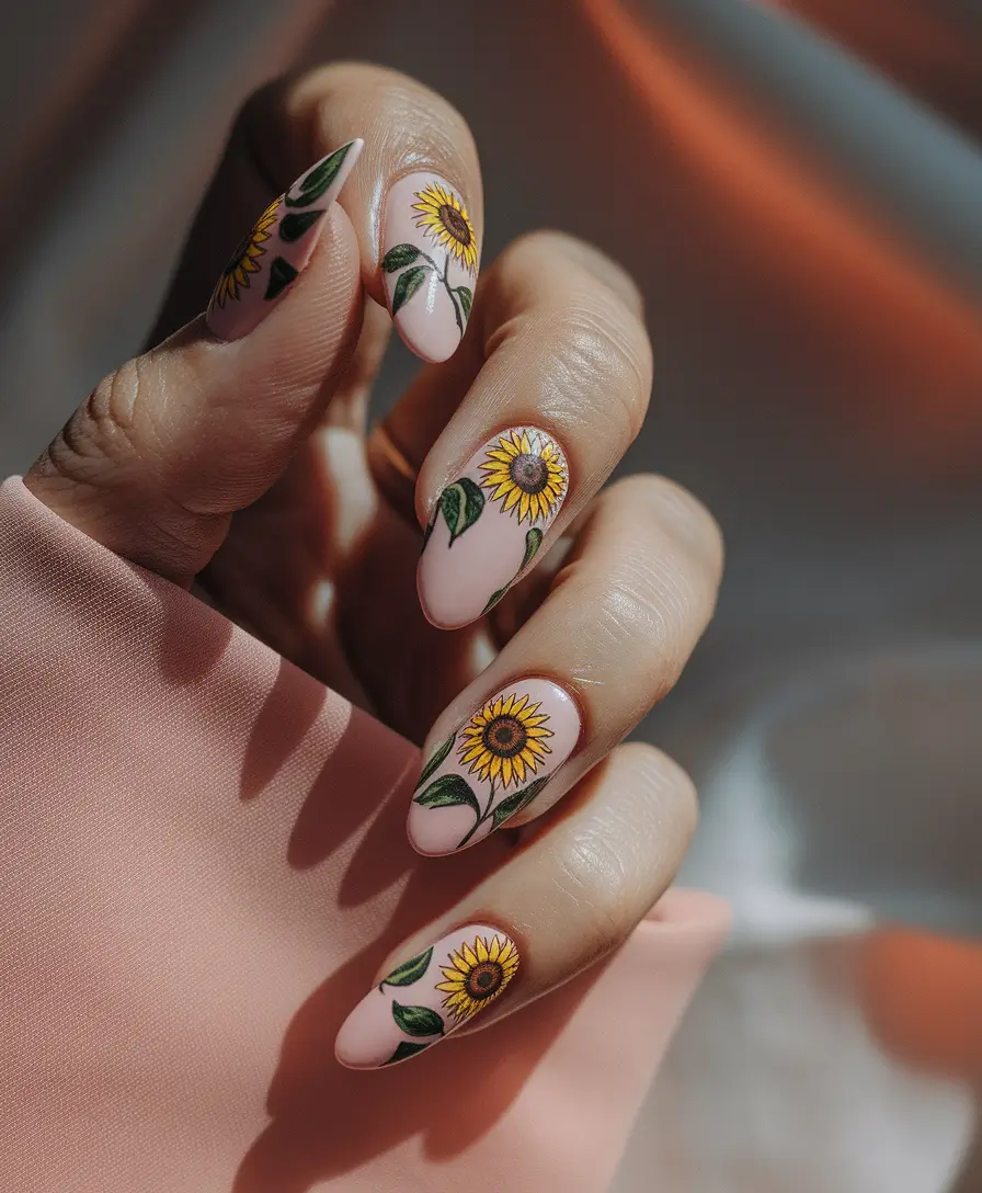 Fall Nail Art Ideas for September 2025 Almond Sunflowers on Nude Base