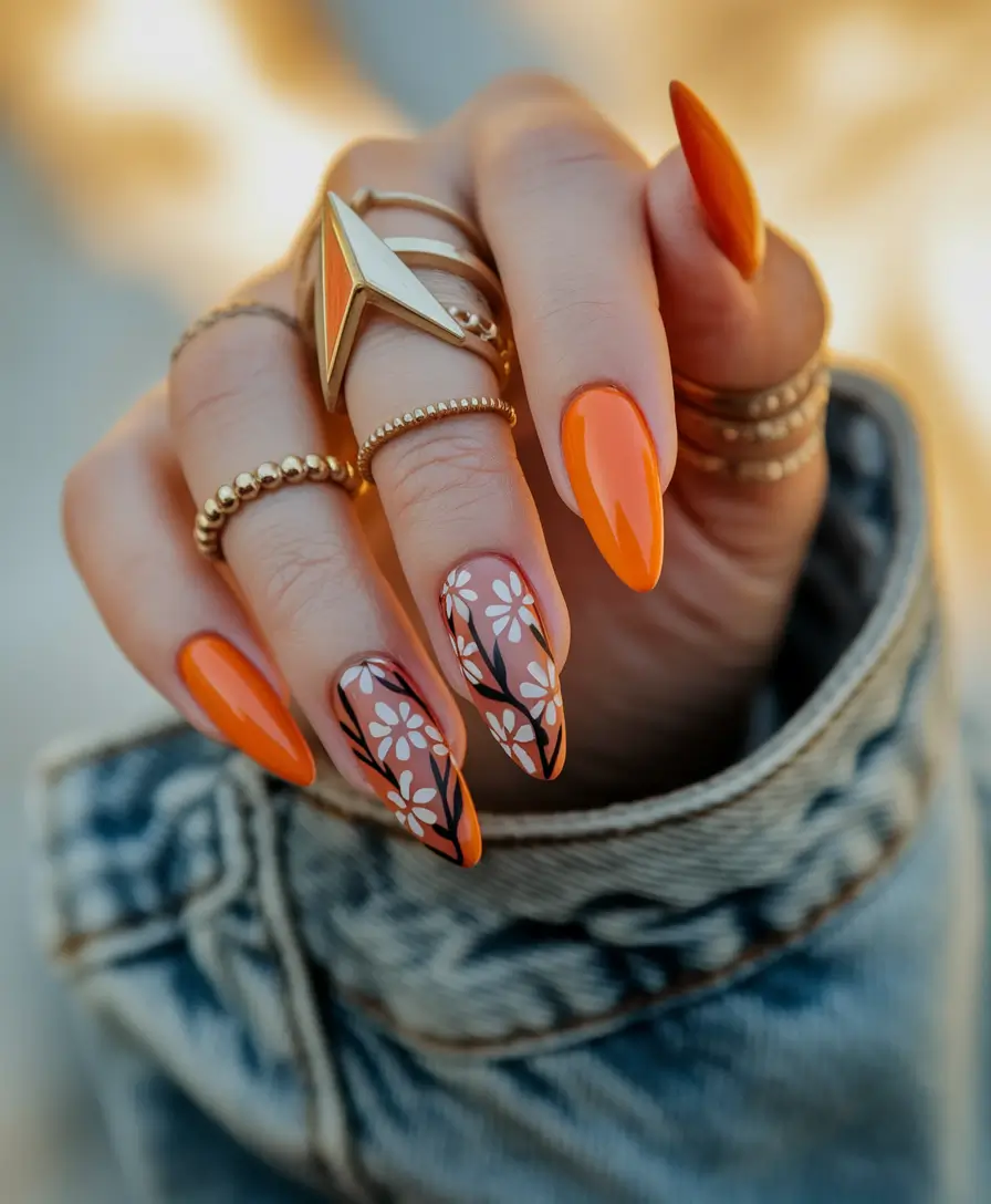 Fall Nail Art Ideas for September 2025 Orange Petal Tips with Black Florals
