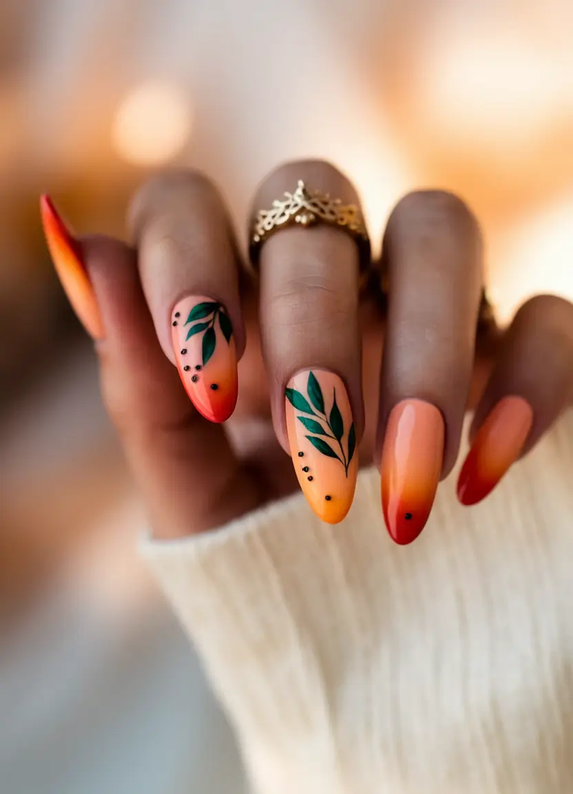 Fall Nail Art Ideas for September 2025 Ombre Fall Leaves with Red Tips
