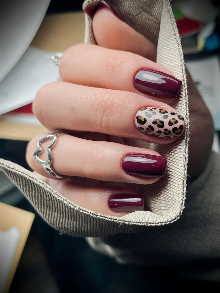 fall nails art ideas 2025 Burgundy With Wild Accent