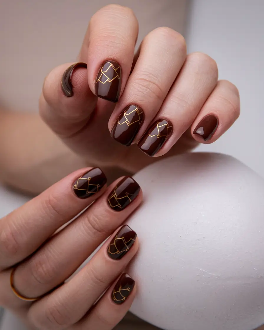 fall nails art ideas 2025 Chocolate & Gold Geometry