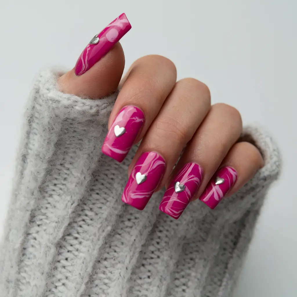 fall nails art ideas 2025 Pink Marble With Silver Hearts