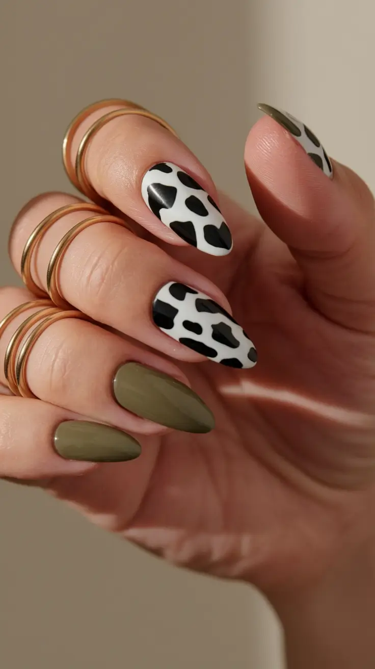 fall nails art ideas 2025 Olive & Cow Print Combo