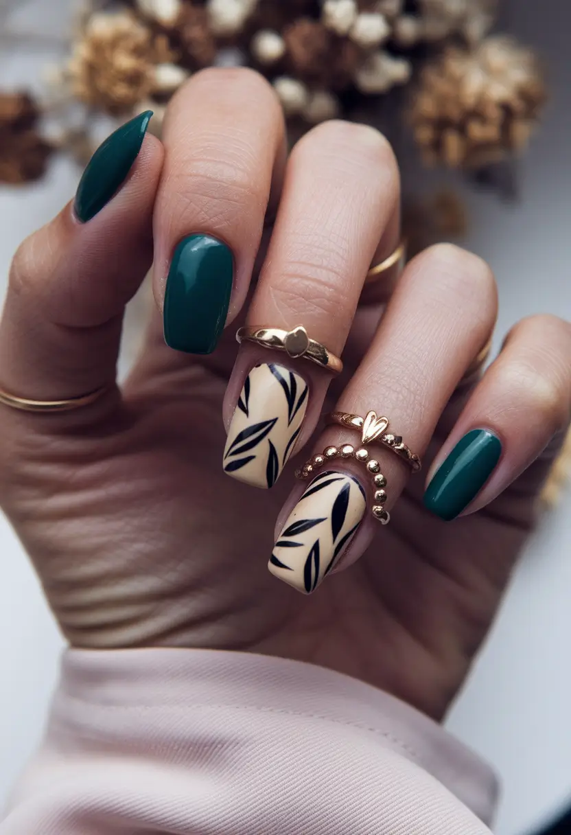 fall nails art ideas 2025 Emerald & Beige Botanical Mix