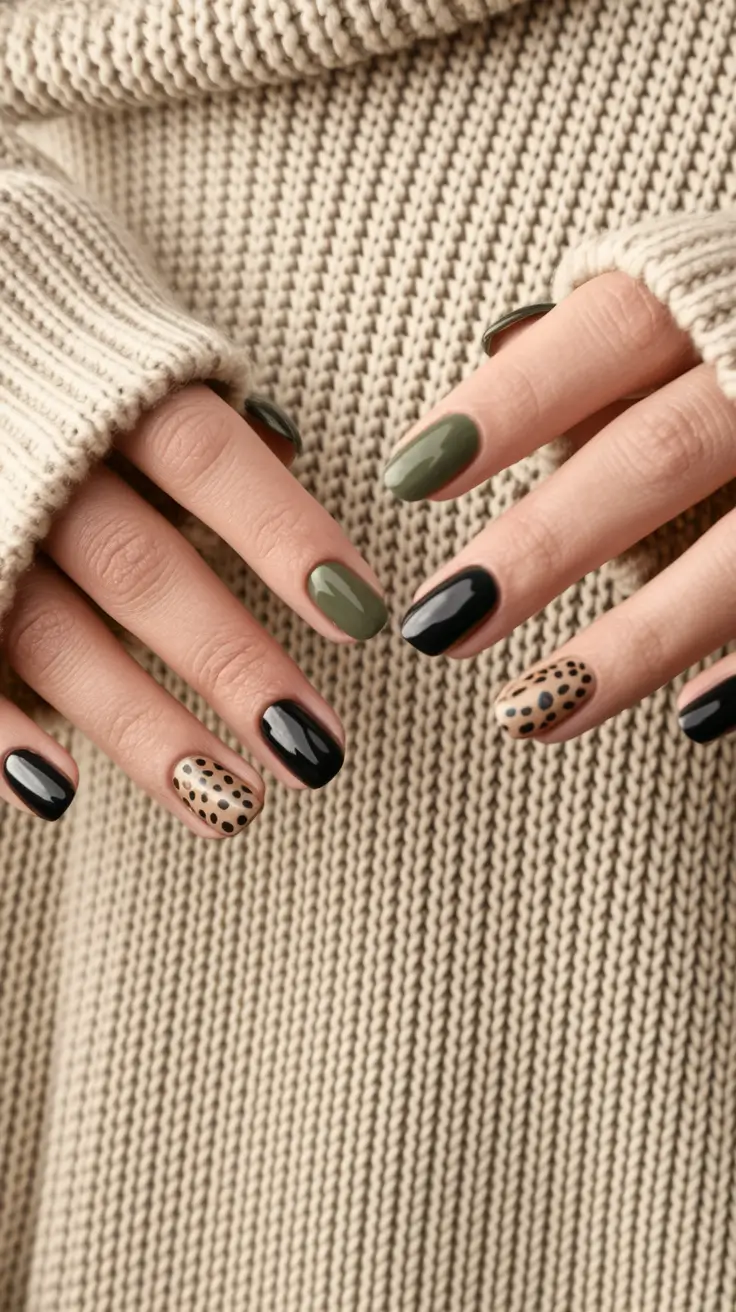fall nails art ideas 2025 Olive, Black & Polka Neutral