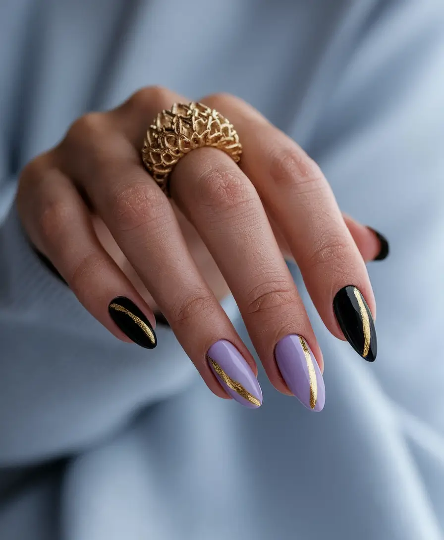 fall nails art ideas 2025 Chic Contrast With Metallic Touch