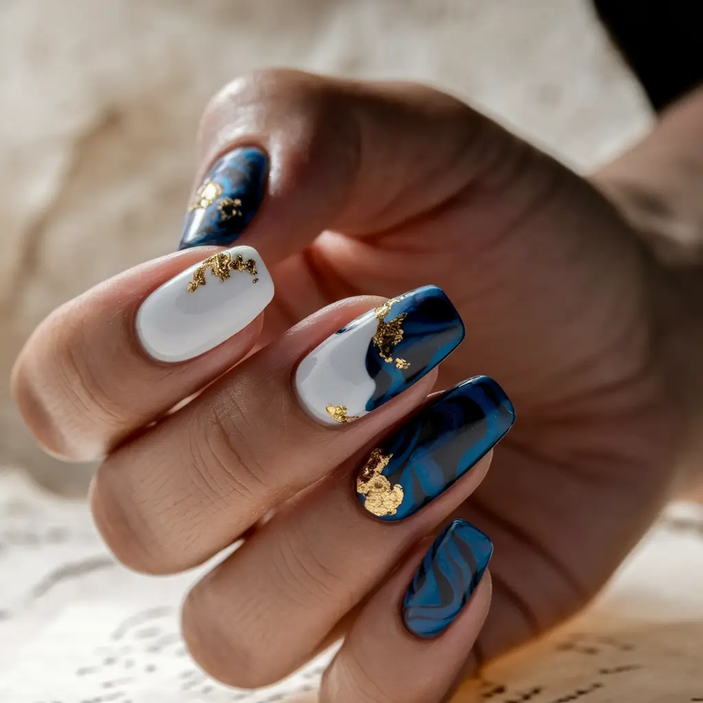 fall nails art ideas 2025 Blue Marble With Gold Foil