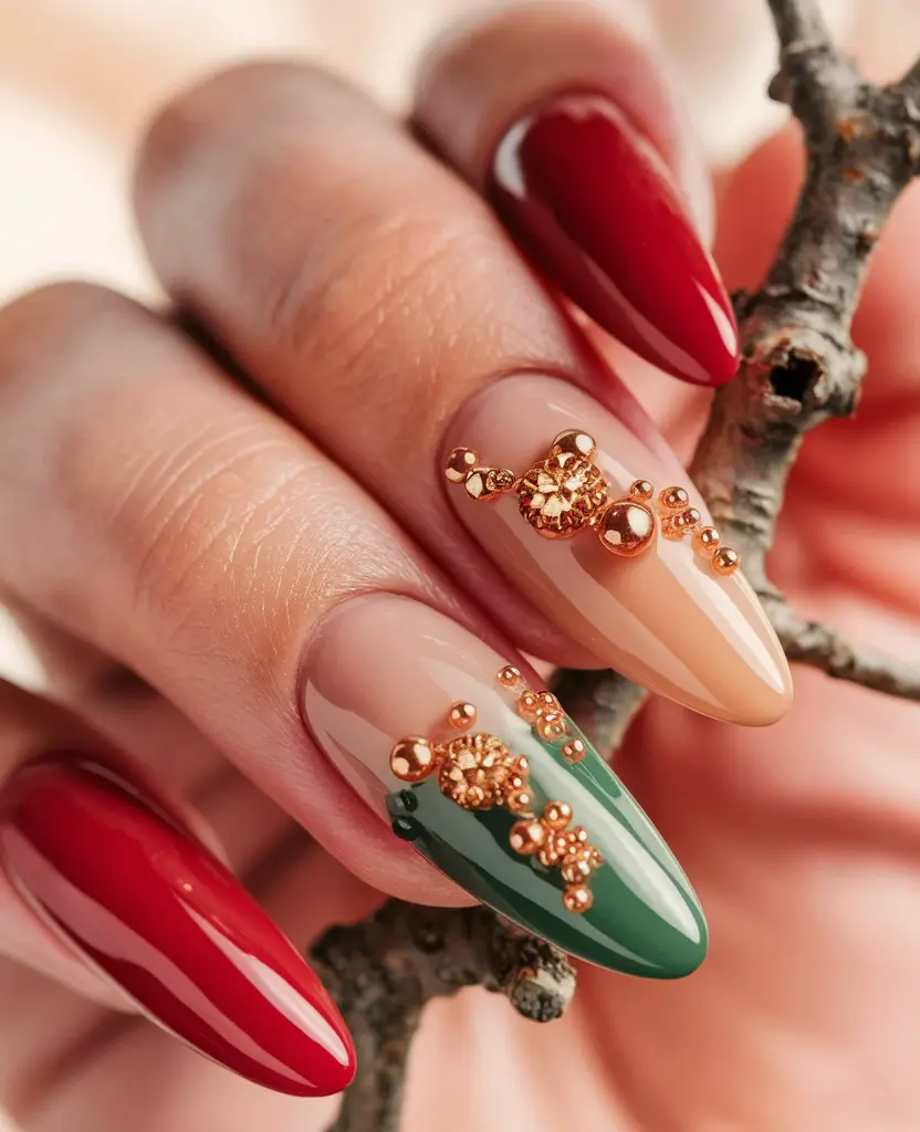 fall nails art ideas 2025 Festive Jewel-Toned Glam