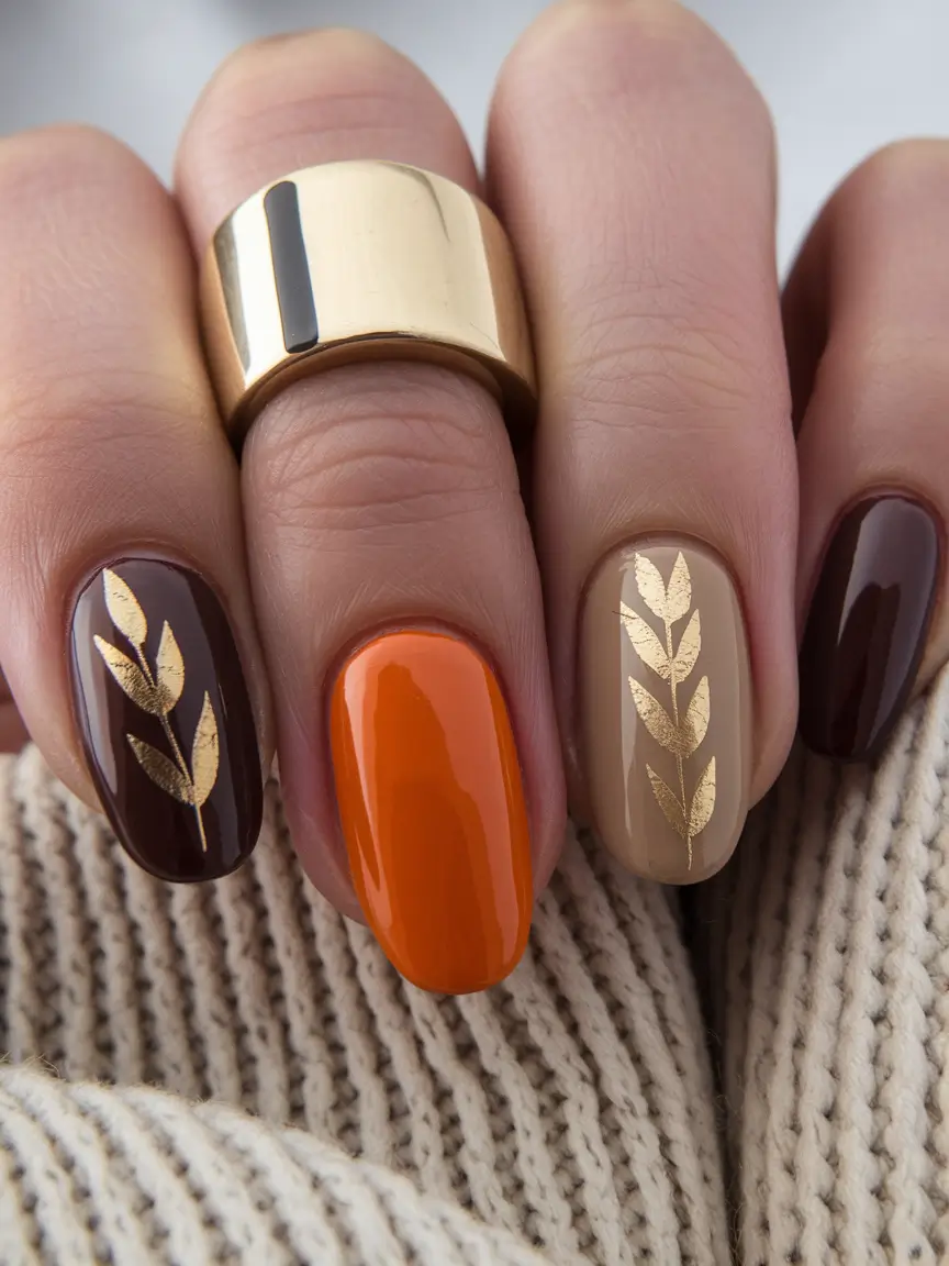 fall nails art ideas 2025 Golden Autumn Leaves
