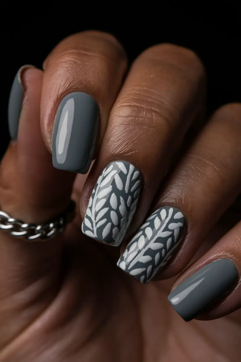 fall nails art ideas 2025 Grey With Leafy White Accents