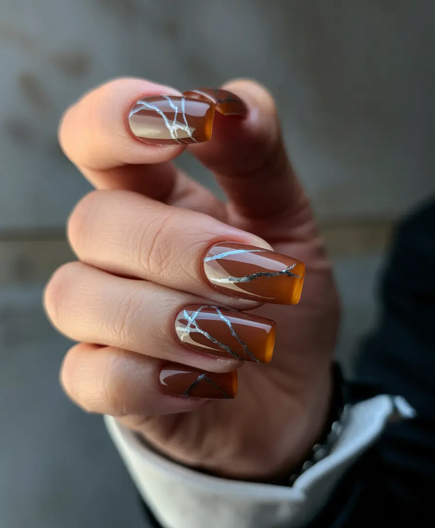 fall nails art ideas 2025 Amber Glow With Metallic Veins