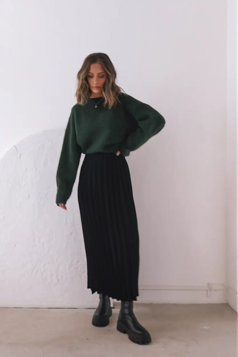 fall sweater outfits Forest Green & Pleated Black