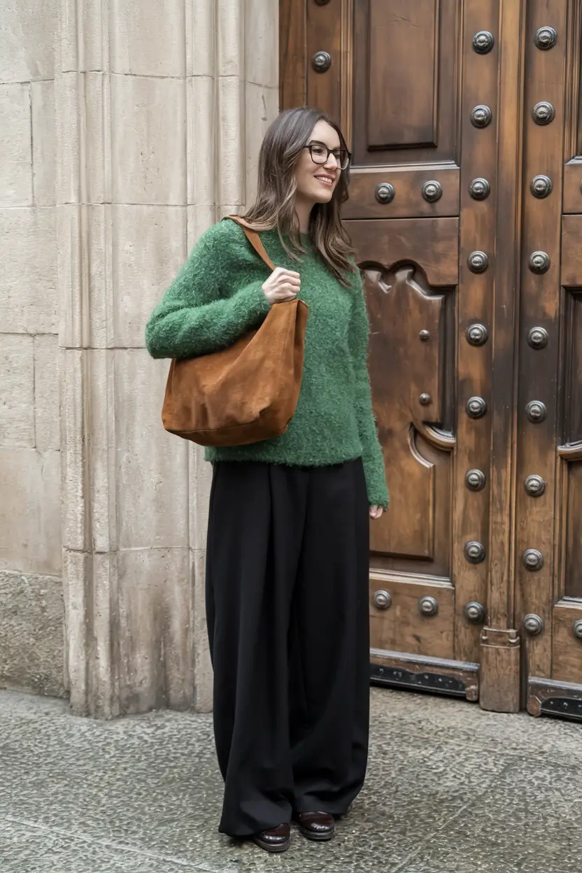 fall sweater outfits Textured Green & Effortless Black