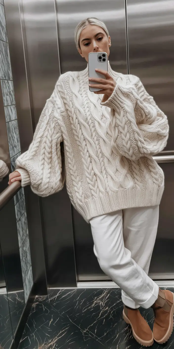fall sweater outfits Chunky Cream Knit Comfort